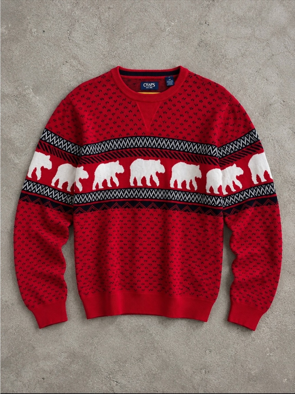 Chaps Polar Bear Fair Isle Sweater Men Medium Red Black White Crewneck Preppy